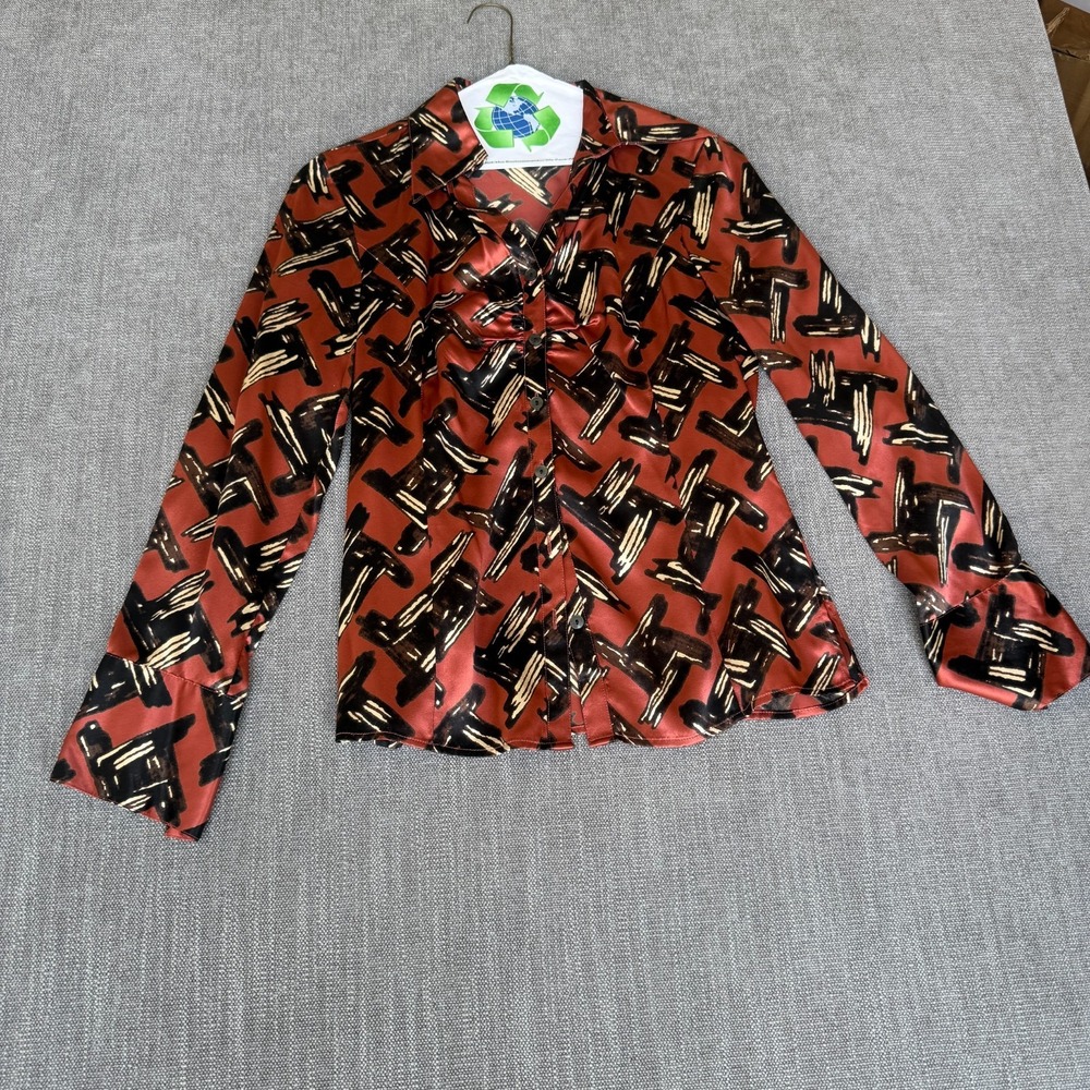 Nu Collective Shirt Top Womens Small Terracotta Abstract Print Silk Button Up